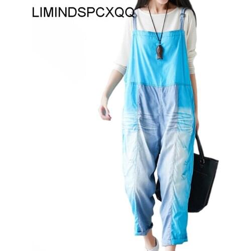 LIMINDSPCXQQ Summer Style Ladies Vintage Blue Overalls Womens Loose Casual Denim Trousers Female Spliced Cuffs Jeans Plus Size