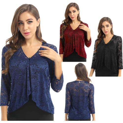 Womens Elegant Floral Lace Shrug V-neck 3/4 Sleeves Sheer Lace Crochet Bolero Bridal Shrug Shawl Crop Tops Cardigan Cover Up
