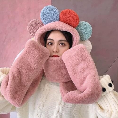 Women 3-in-1 Multifunctional Hooded Scarf Hat with Mittens Colorful Plush Balls Cap for Winter