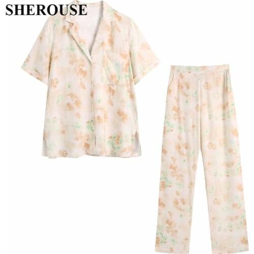 2021 New Women Tie Dye 2 Pieces Set Short Sleeve Blouse Loose Trousers Suit Pajamas Fashion Casual Women Outfit Pants Sets
