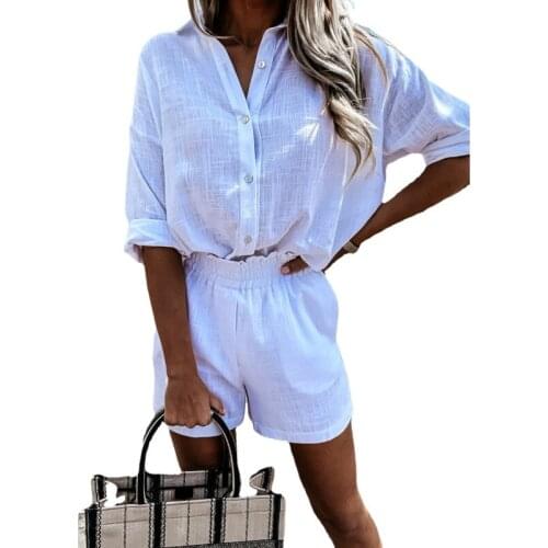 2021 Women Summer Long Sleeve Turn-down Collar Solid Shirts Blous+Shorts Two Piece Set Cotton Linen Casual Tracksuit