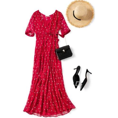 Top Version Silk ElfStyle Ladies V Neckline Flower Print Long Dress With Short Sleeve & Waist With Ties