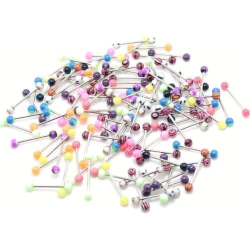 Wholesale lots tongue rings mix colors 100pcs body piercing jewelry stainless steel barbell acrylic 6mm ball earring