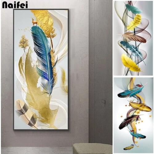Diy Diamond Painting Golden Feather Abstract Art Diamond Embroidery Full Square Round Drill Rhinestones Cross Stitch Home Decor