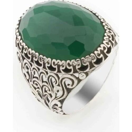Big Oval Green Zircon Cubic Zirconia Men 'S Silver Ring