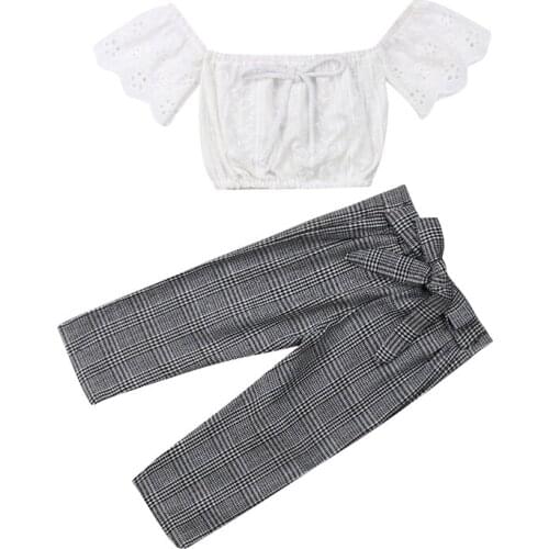 Toddler Kids Baby Girl Plaids Summer Children Lace Clothes Off Shoulder Blouse Tops Bow Pants Leggings 2PCS Girls Outfit Sunsuit