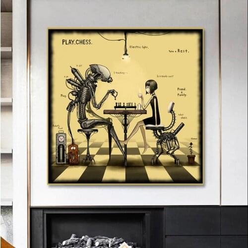 Girl Playing Chess With Robot Canvas Painting Wall Art Cartoon Picture For Living Room Modern Home Decor Posters And Prints