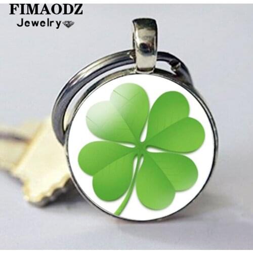 FIMAODZ Four Leaf Clover Keychain Lucky Plant Glass Cabochon Alloy Pendant Metal Key Chain Ring Jewelry Gift for Friend Family