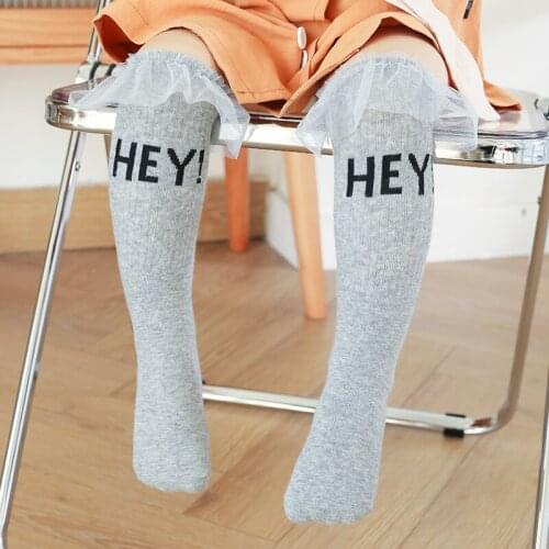 Children Knee High Socks With Inscriptions Print Toddler Kids Baby Girl Summer Cotton Princess Cute Lace Tube Long Socks Kawaii