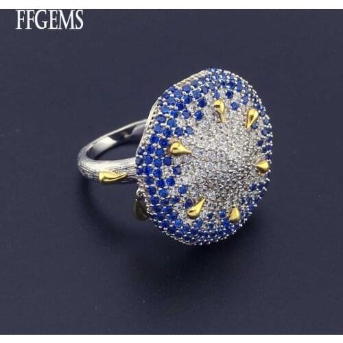 FFGems Vintage Silver Blue sapphire gemstone Wedding Diamond two tone gold big round Rings for women Gift Fine Jewelry Wholesale