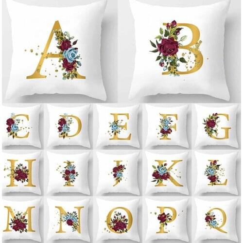 Red Blue Roses Alphabet Polyester Pillowcase Golden Home Decoration Cushion Cover 45x45cm Room Sofa Decorative Pillow Cover