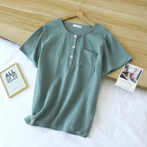 Summer New Products Wash Textured Gauze Short-sleeved Round-necked Sleep Tops Casual Home Shirt Cotton Thin Women Pajamas 2021
