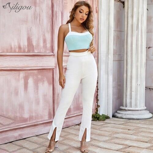Ailigou 2021 Summer New Bandage Set 2 Pieces Sleeveless Corset and Flared Pants Sexy Celebrity Party Set Vestidos