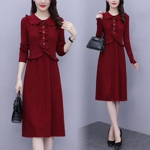 Fashion Womens Knitted Sweater Dress Autumn Winter Red Black Ladies Dress Round Neck Ruffle Long Sleeve Bottoming Vestidos