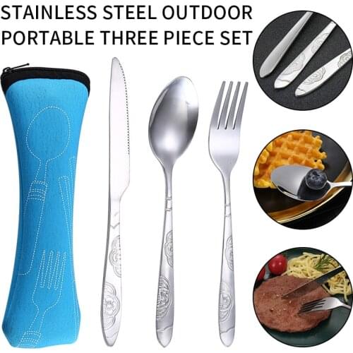 3pcs/7pcs Set Dinnerware Portable Printed Stainless Steel Spoon Fork Steak Knife Set Travel Cutlery Tableware with Bag