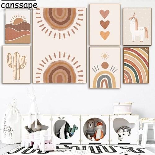 Boho Wall Art Poster Alpaca Print Unicorn Painting Rainbow Prints Cactus Posters Nursery Wall Paintings Baby Bedroom Decor