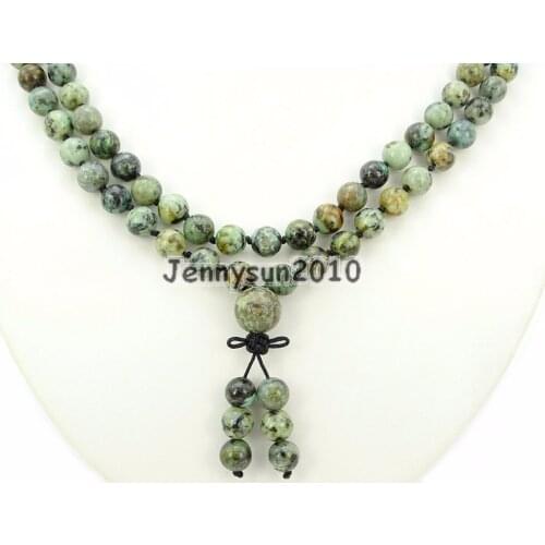 Natural African Tur-quoise 8mm Gems Stone Buddhist 108 Beads Prayer Mala Knot Necklace Multi-Purpose 5Strands/Pack