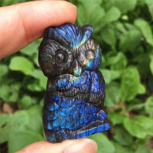 Natural Labradorite stone Quartz Crystal hand Carved Owl
