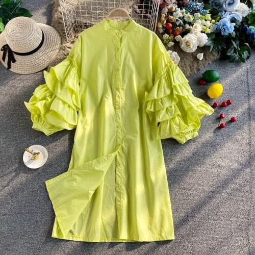 Autumn Lady Women Straight Dresses Lady Rufflea Flare Sleeve Women Shirt Dresses Femme Loose Dress