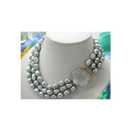 3 Row 9-10mm gray baroque freshwater cultured pearl Necklace 17-19"