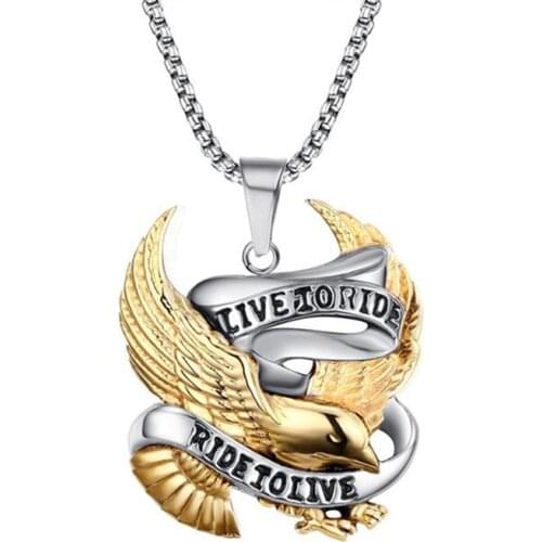 Eagle Pendant Necklace for Men Stainless Steel Metal Jewelry LIVE TO RIDE Necklace Biker Hero Necklace