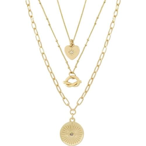 2020 Trendy Gold Color Plating Heart Round Disc Knoted Heart Pendant Layered Necklace For Women Chic Feminist Delicate Jewelry