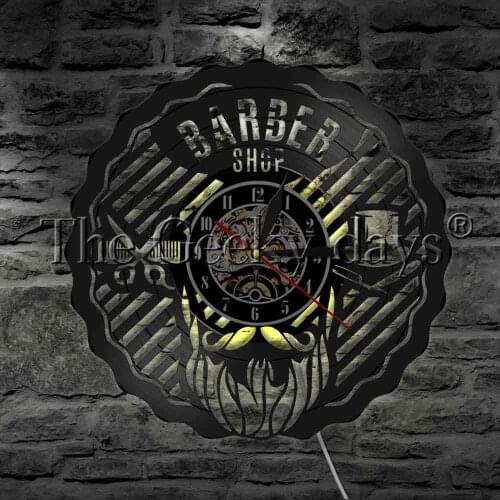 Barber Shop Beauty Salon Sign LED Night Light Vinyl Record Wall Clock Hairdresser Scissors Mustache Modern Wall Lamp