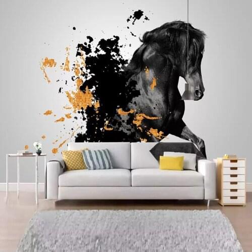 Self-Adhesive Waterproof Canvas Mural Wallpaper 3D Ink Black Horse Photo Wall Paper Abstract Art Study Living Room 3D Home Decor