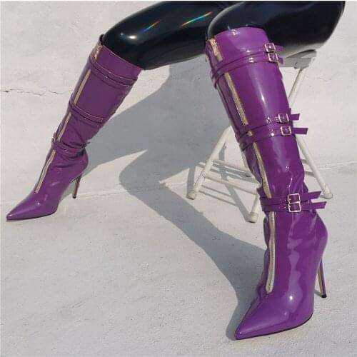 Sexy Purple Patent leather zipper Fasten Belt Buckle Knee Boots Thin High Heels Pointed toe Woman Motorcycle Boots