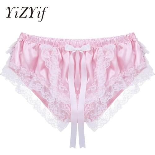 YiZYiF Mens Sissy Panties Satin Sexy Underwear Gay Lace Lingerie Soft Ruffled Floral Briefs Jockstraps Cute Bowknot Underpants