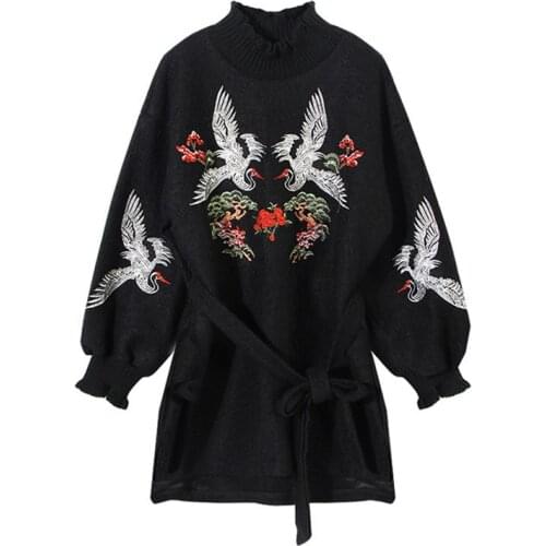 PERHAPS U Black Beige Embroidery Crane Sash Puff Sleeve Stand Collar Loose Sweatshirt Pullover Women Winter Autumn Elegant D0818