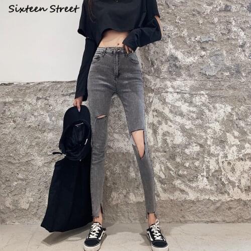 Y2k Ripped Jeans Woman Black Gray Korean Trousers Elastic Denim Vintage Jeans Female Fall 2021 Woman Skinny Jeans Summer