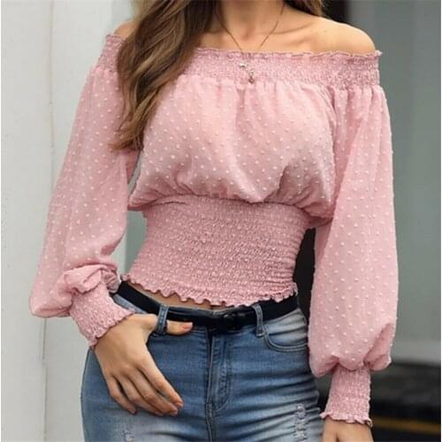 Boho Beach Womens Tops Sexy Off Shoulder Pink Blouses Casual Puff Sleeve Shirt Spring Autumn Elegant Ladies Bandage Tops