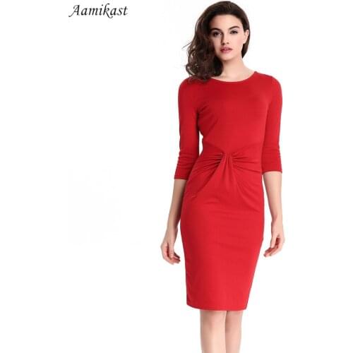 AAMIKAST Women Dresses Hot Sale Elegant O-neck Three Quarter Sleeve Casual Party Vintage Business Dresses S M L XL XXL XXXL