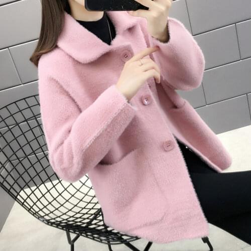 Women 2020 Autumn Winter Cardigan Coat Jacket Female Sweater Fashion Loose Imitation Mink Velvet Knitted Buttons Outerwear A186
