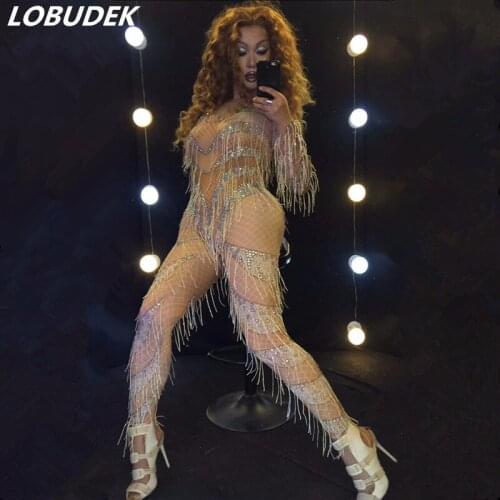 Female Zentai Costume Crystals Tassels Jumpsuit Bodysuit Singer Dancer Nightclub Party Stage Wear Bar Sexy DJ DS Show Clothing