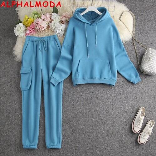 ALPHALMODA New Women Winter Suit Hooded Pocket Cotton Sweatshirt Side Pocket Stylish Sweatpants 2pcs Set with Thickened Fleece
