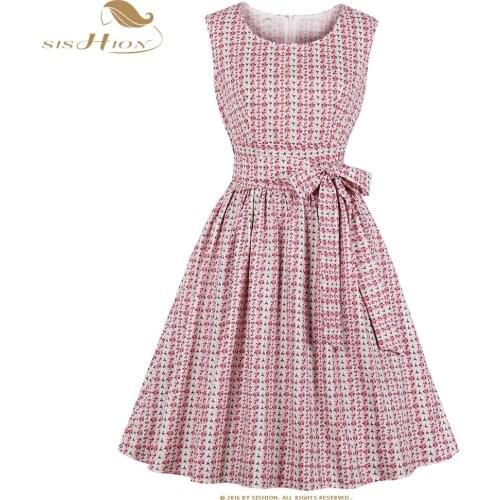 SISHION Floral Print Elegant Pink Dress VD1064 Sleeveless A line Tunic vestidos Swing Pockets Flower Women Summer Dress 2021