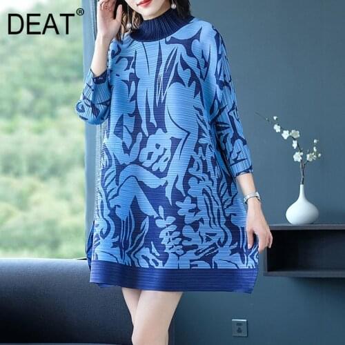 DEAT Woman Pleated Dress Print Turtleneck Seven Sleeve Loose Waist Knee Length Pullover Casual Style 2021 New Summer 15XF474