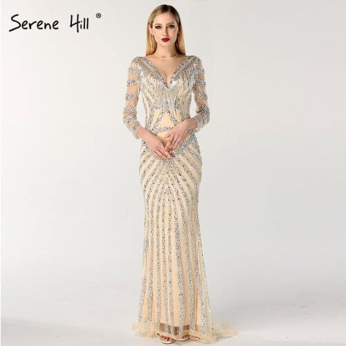 New Dubai Nude Slim Mermaid Evening Dresses 2020 Long Sleeves Beading Tassel Fashion Formal Evening Gown BLA6594