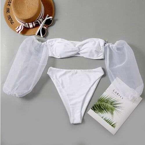2020 Sexy Drop Shipping Push Up Unpaddedt Women 3 Colors Mesh Sheer Puff Sleeve Bikini Set Swimsuit Triangle Swimwear Bathing