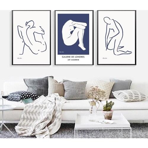 Abstract Woman Line Gallery Blue Golden Leaf Scene Art Canvas Painting Modern Poster Print Pictures for Living Room Home Decor