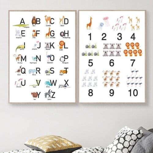 Abstract Alphabet Iraffe Lion Unicorn Monkey Wall Art Poster Arabic Numerals Animal Art Print Canvas Painting Baby Room Decor