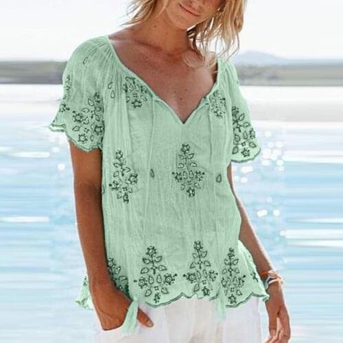 Plus Size Women Short Sleeve Blouses Casual Loose Embroidery Bandage Blouses Pullover Shirts Tops Summer топ женский 5XL 2021