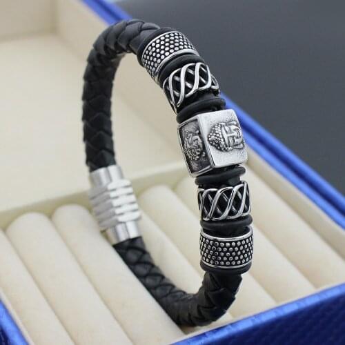 8MM Retro Genuine Leather Bracelet for Men Never Fade Stainless steel Buddha Charms Bead Bangles Jewelry with Magnet Clasp