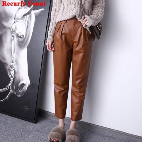 Women Natural Leather Trousers 2021 Winter Femme Korean Fashion Simple Thin Casual Asymmetry Pants Tapered Pantalones de Mujer