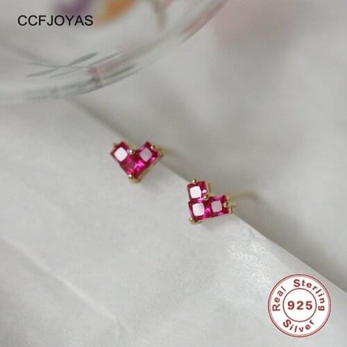 CCFJOYAS INS 925 Sterling Silver Simple Cute Red Crystal Heart Stud Earrings Women Light Luxury Temperament Wedding Jewelry Gift