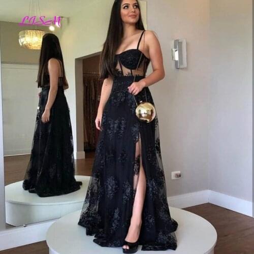 Black Lace Evening Dress A-Line Sweetheart Appliques Women Formal Party Gowns Sexy Spaghetti Strap Split Long Prom Dress