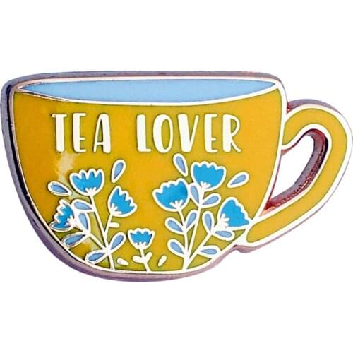 Tea Lover Enamel Pin yellow teacup Brooch with blue flowers Badge tea lovers gift