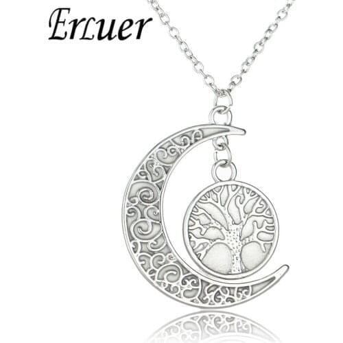 ERLUER Hollow Moon Life Tree Luminous Pendant Necklaces For Women Glow In The Dark Silver Plated Fashion Necklace Halloween gift